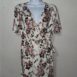 Due time Maternity Wrap Dress White Pink Floral Dress Fits Sz Large Fairy